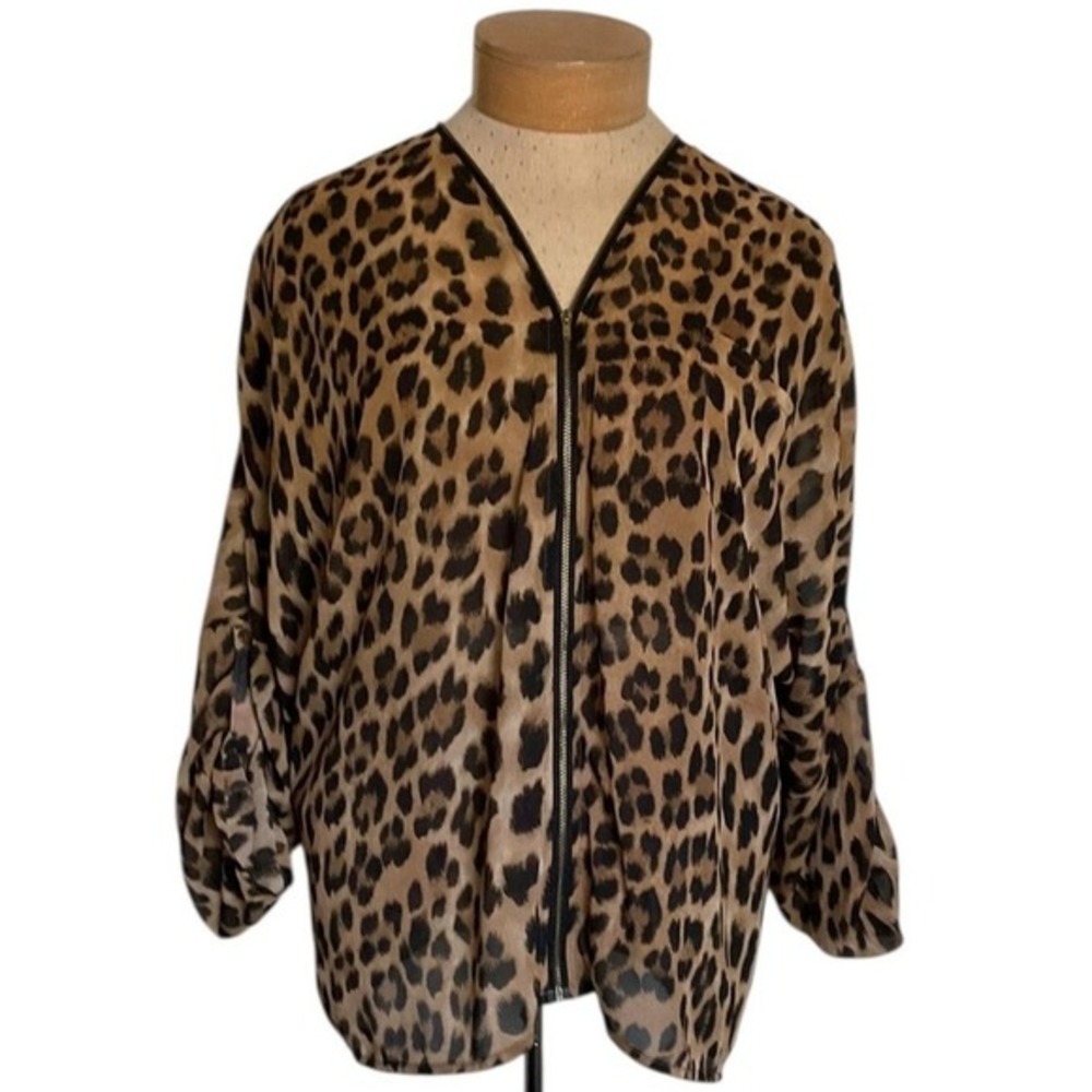 Cleo Apparel Shirt Women's Large Brown Black Leopard Print Sheer‎ Zip Blouse